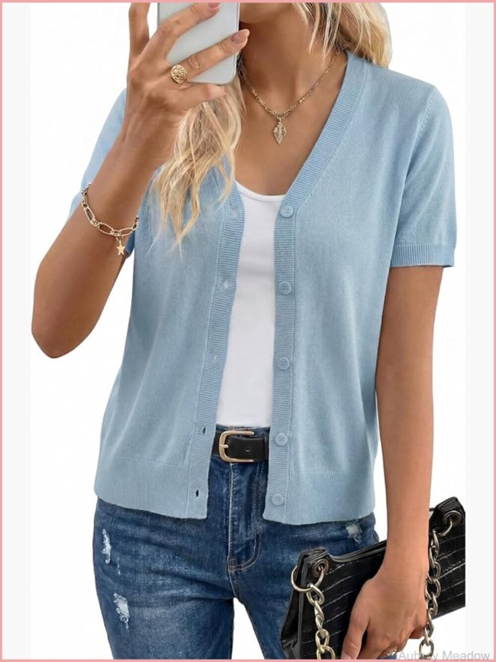 Wool Blend Short Sleeve Lightweight Cardigan Sweater V-Neck Button Up